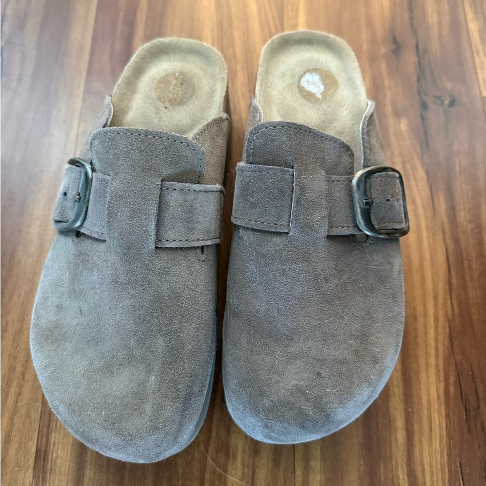 Cushionarie Gray Suede Mules with Buckle